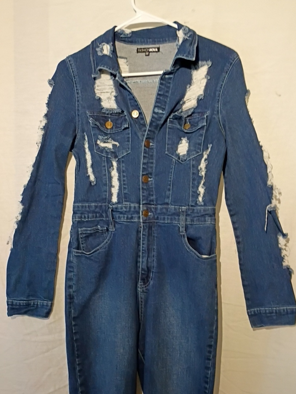 Fashion Nova Distressed Denim Jumpsuit - Medium Blue, Long Sleeves, Sz 4, NWOT